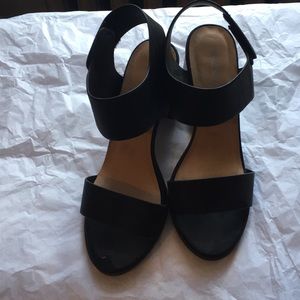 Vegan black 3 inch heel sandals with Velcro strap